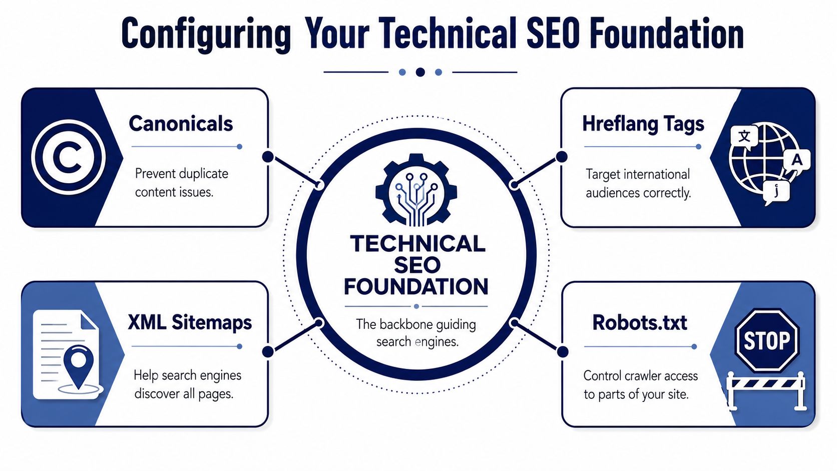 A diagram outlining the four essential components of a strong technical SEO foundation for websites.