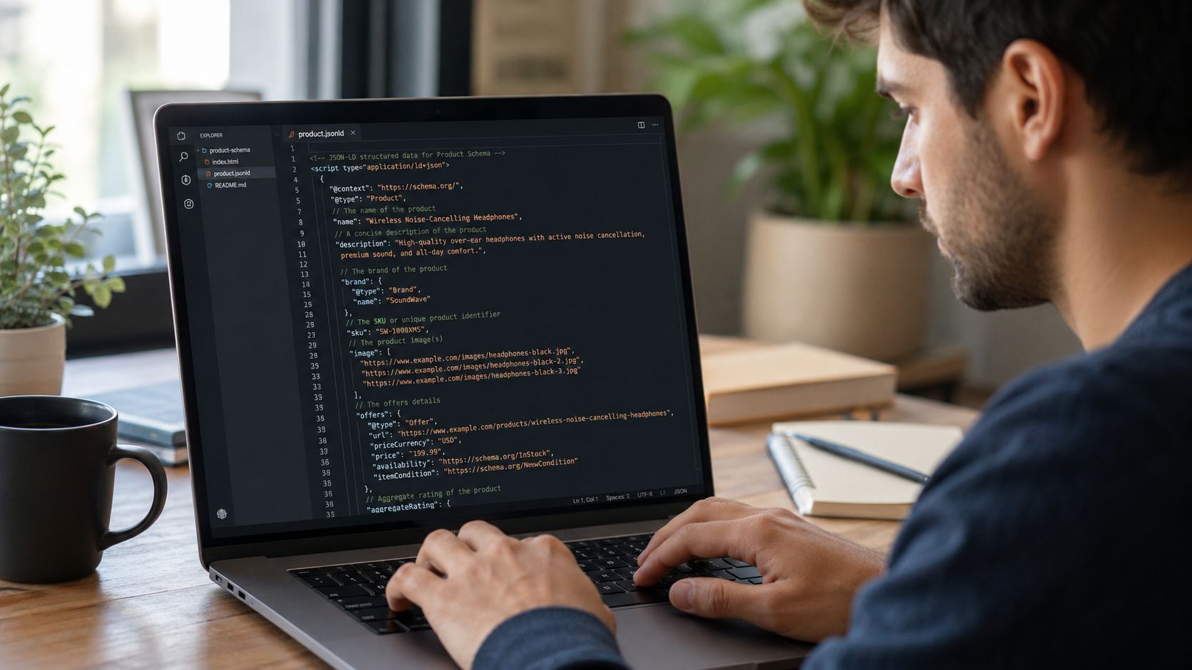 A male developer writing code for JSON-LD structured data on a laptop screen in his home office.