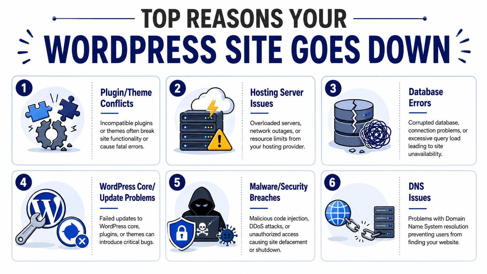 An infographic showing six primary causes for WordPress website downtime, including hosting, security, and update errors.