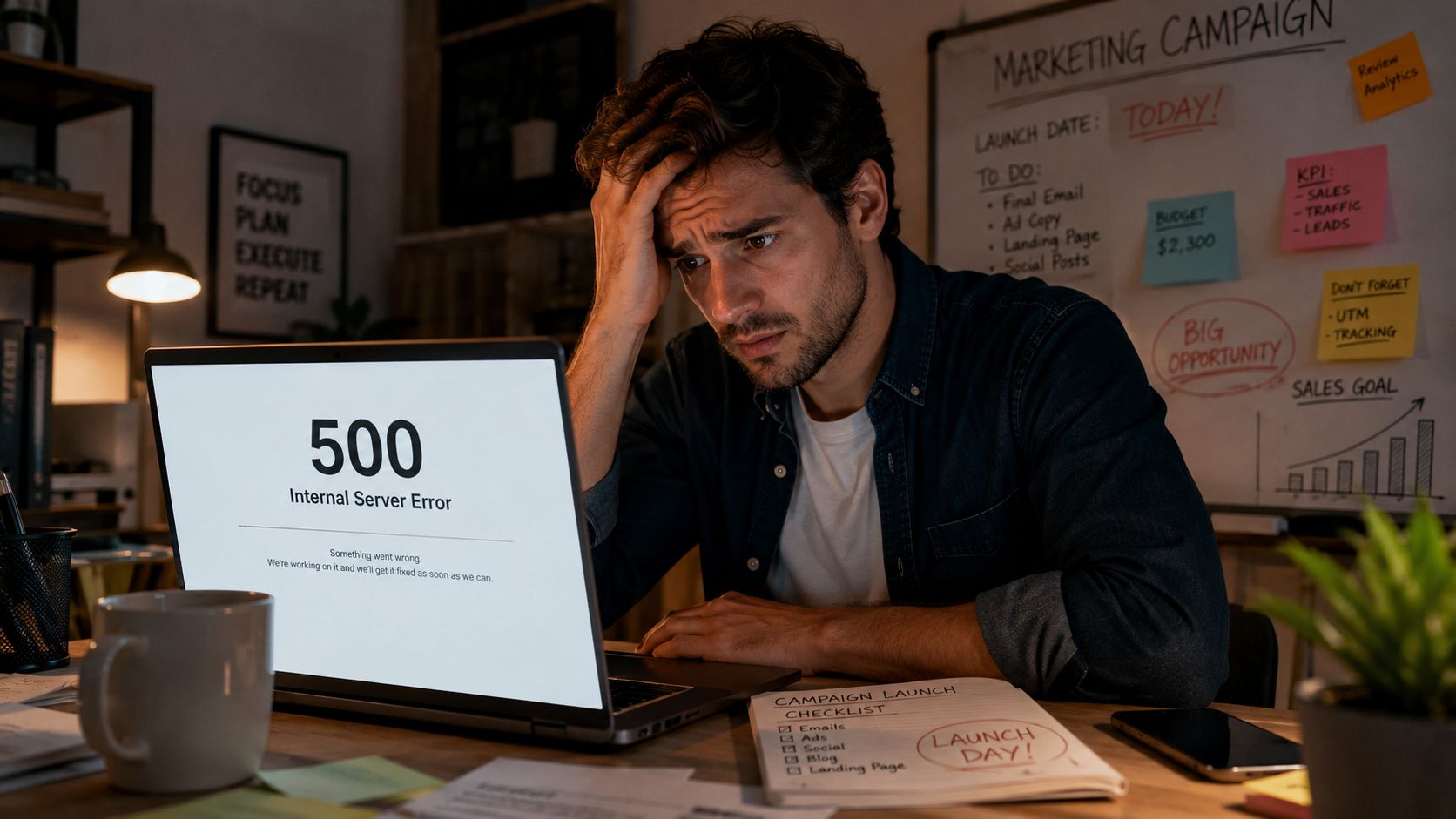 A stressed man looking at a 500 internal server error message on his laptop during a marketing campaign.