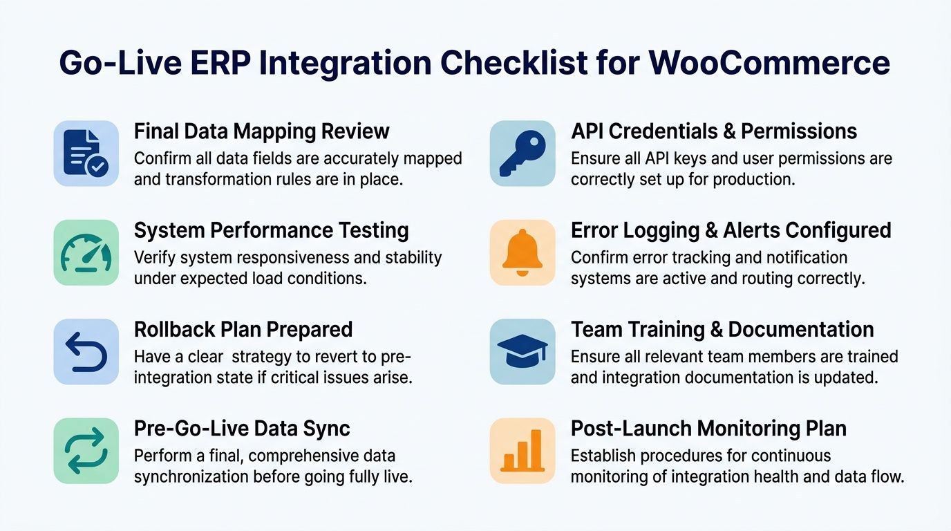 A checklist infographic outlining critical steps for a successful ERP integration with the WooCommerce e-commerce platform.