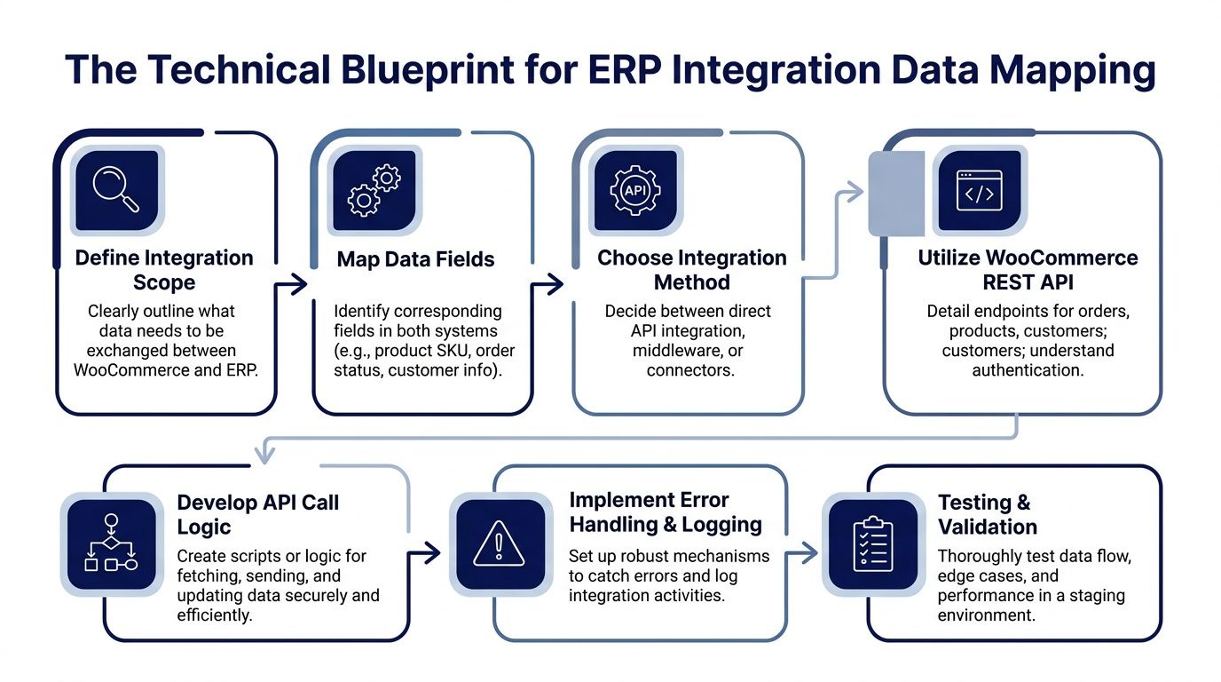 A technical flowchart outlining the six key steps for mapping data during ERP integration with WooCommerce systems.