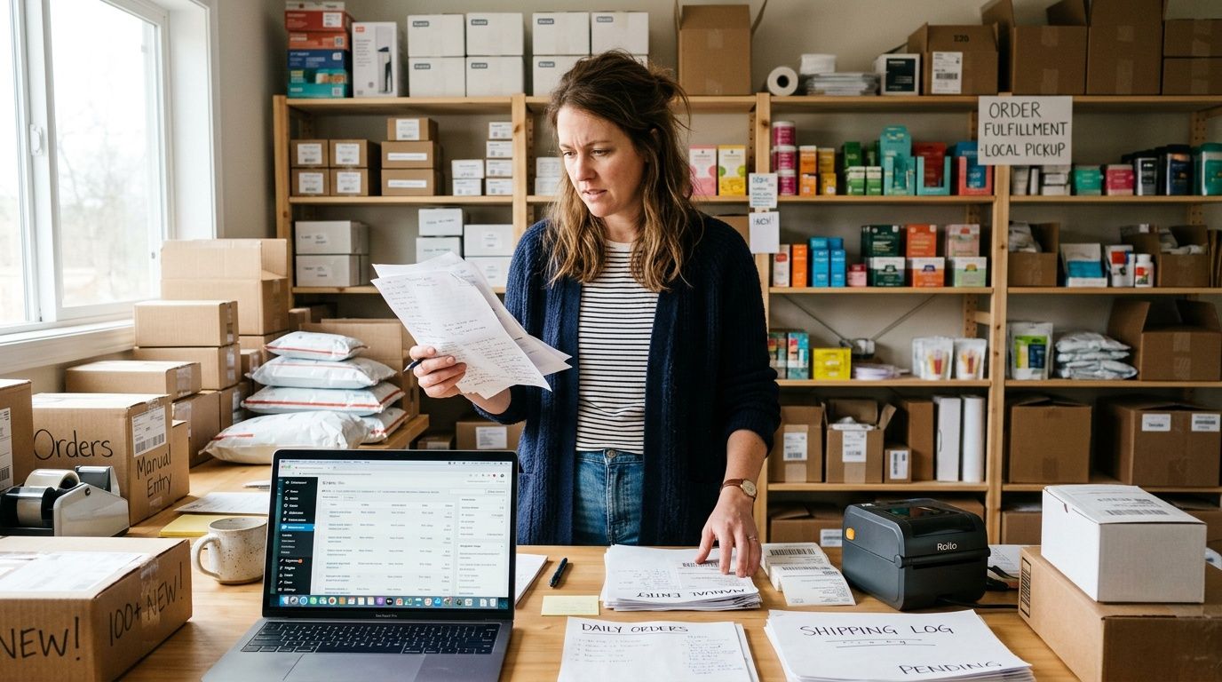 A woman working in a warehouse office managing e-commerce order fulfillment using a laptop and paperwork.