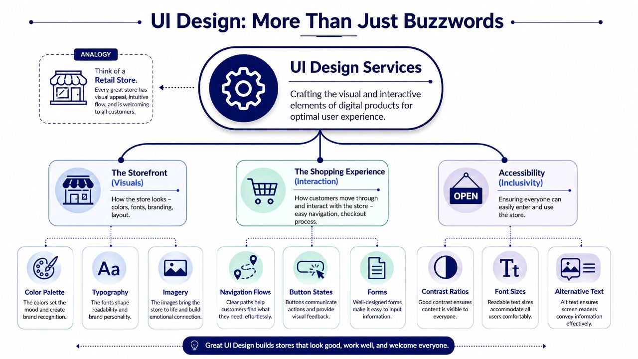A diagram explaining UI design services through a retail store analogy, detailing visuals, interactions, and accessibility components.