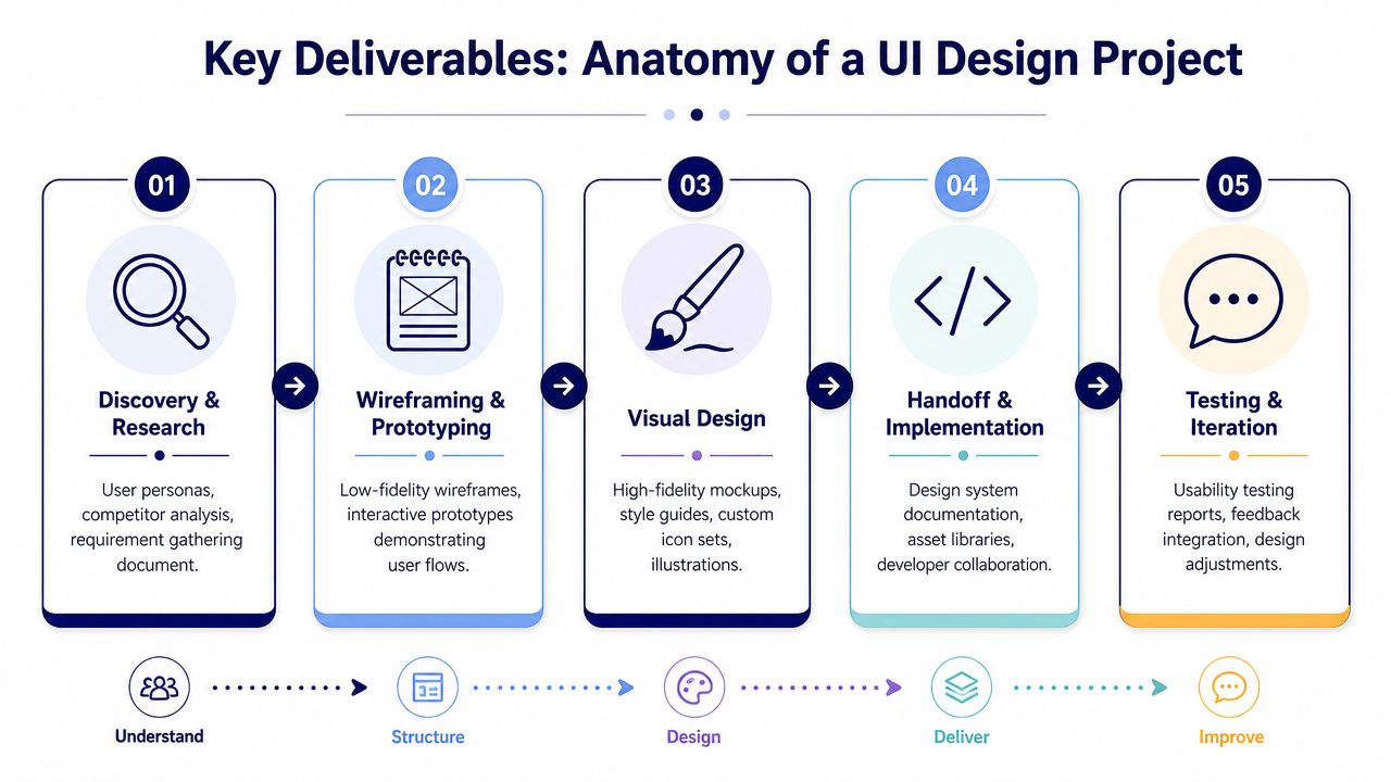 A five-step flowchart outlining the UI design project process, from discovery and research to testing and iteration.