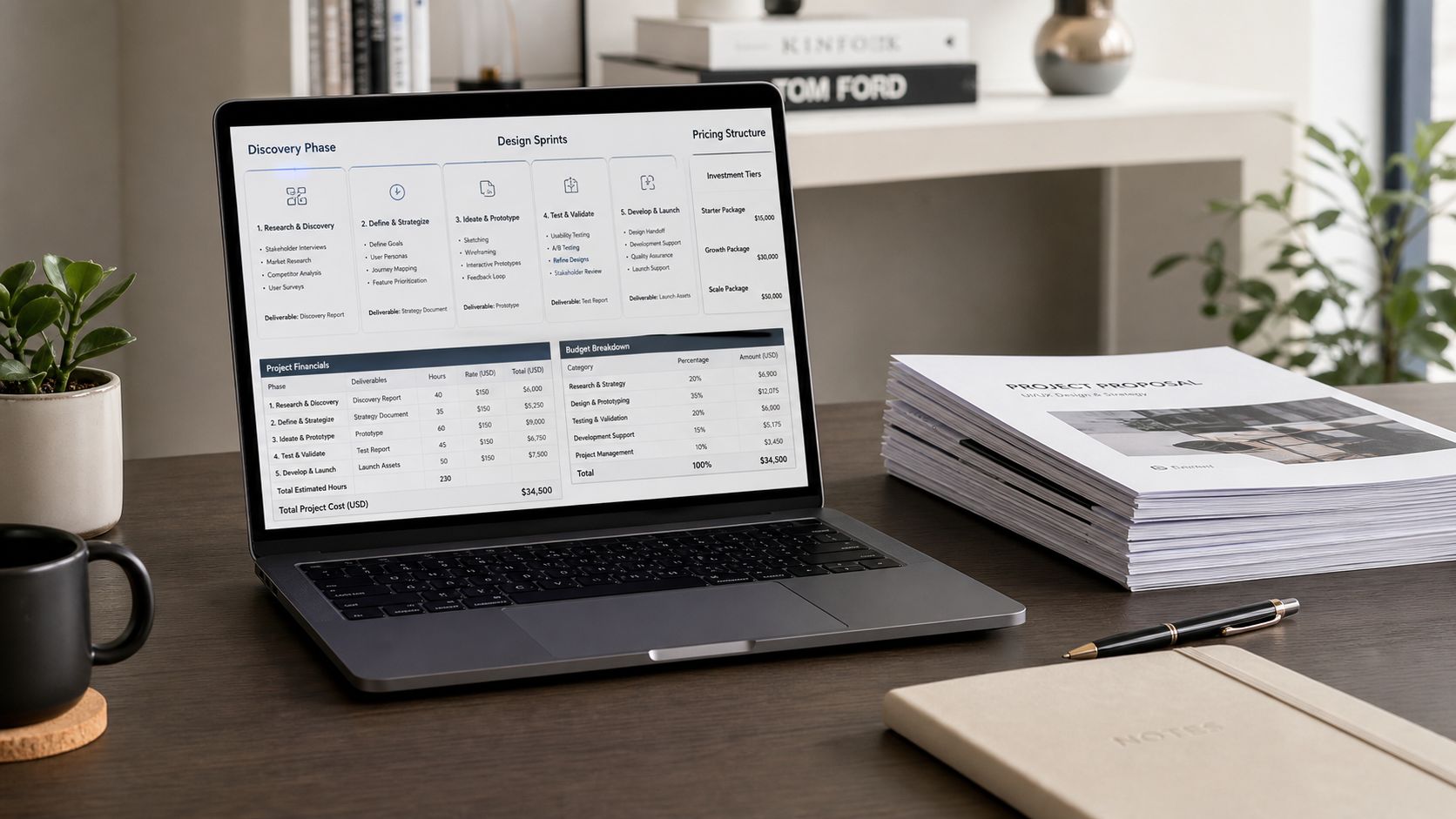 A laptop on a wooden desk displaying a UI UX design project proposal and budget breakdown.