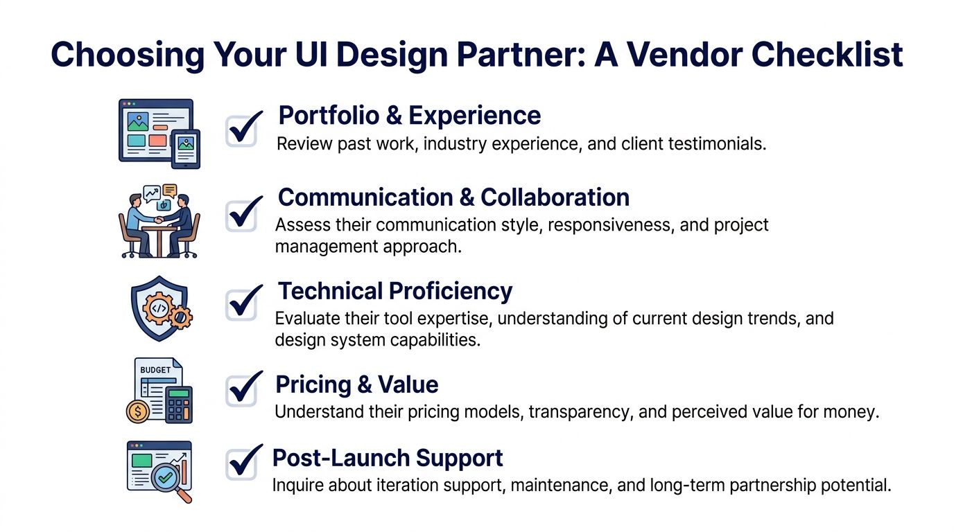 A checklist infographic titled Choosing Your UI Design Partner listing five key criteria for selecting a vendor.