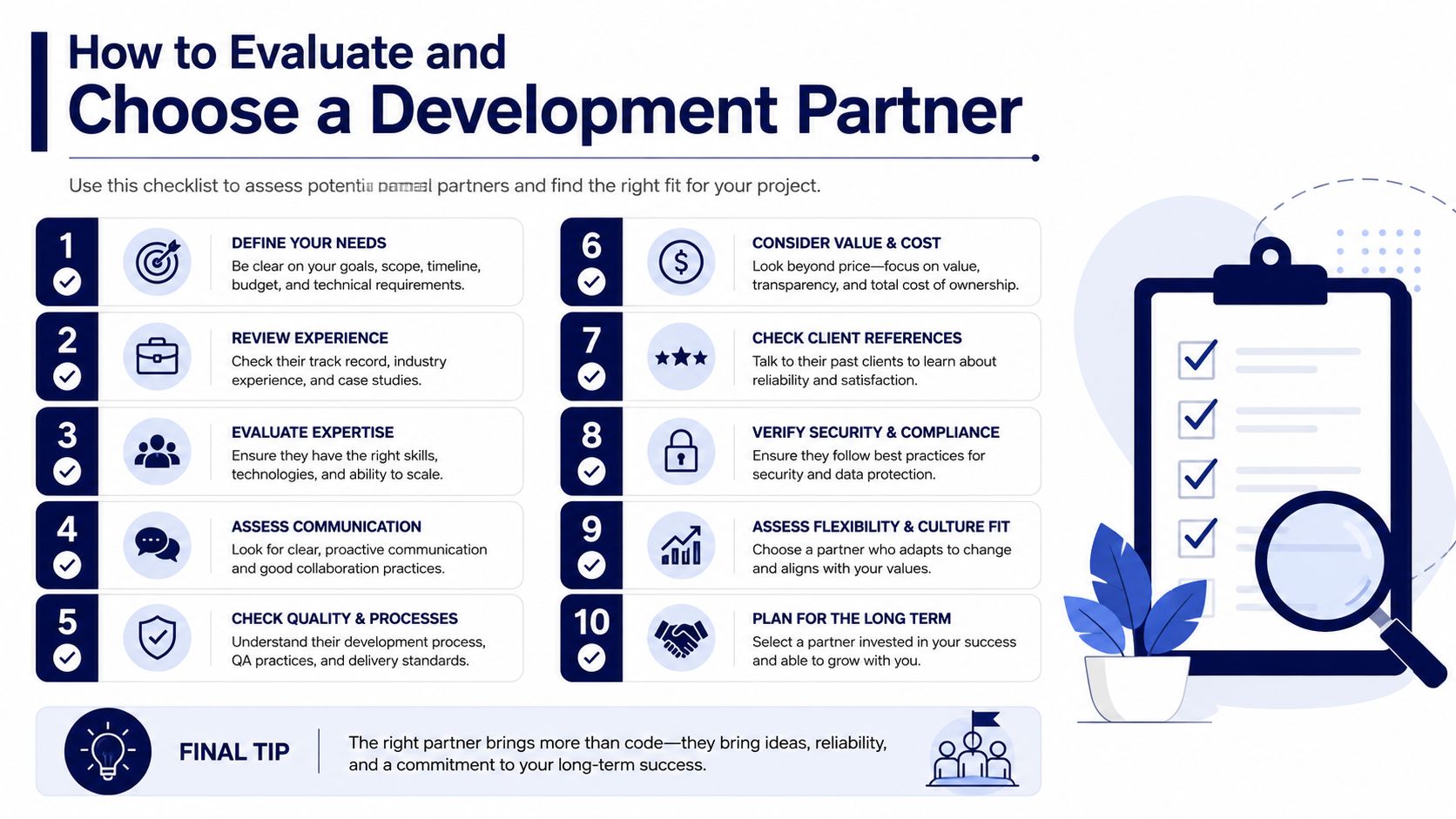 A checklist infographic titled How to Evaluate and Choose a Development Partner for your software project needs.