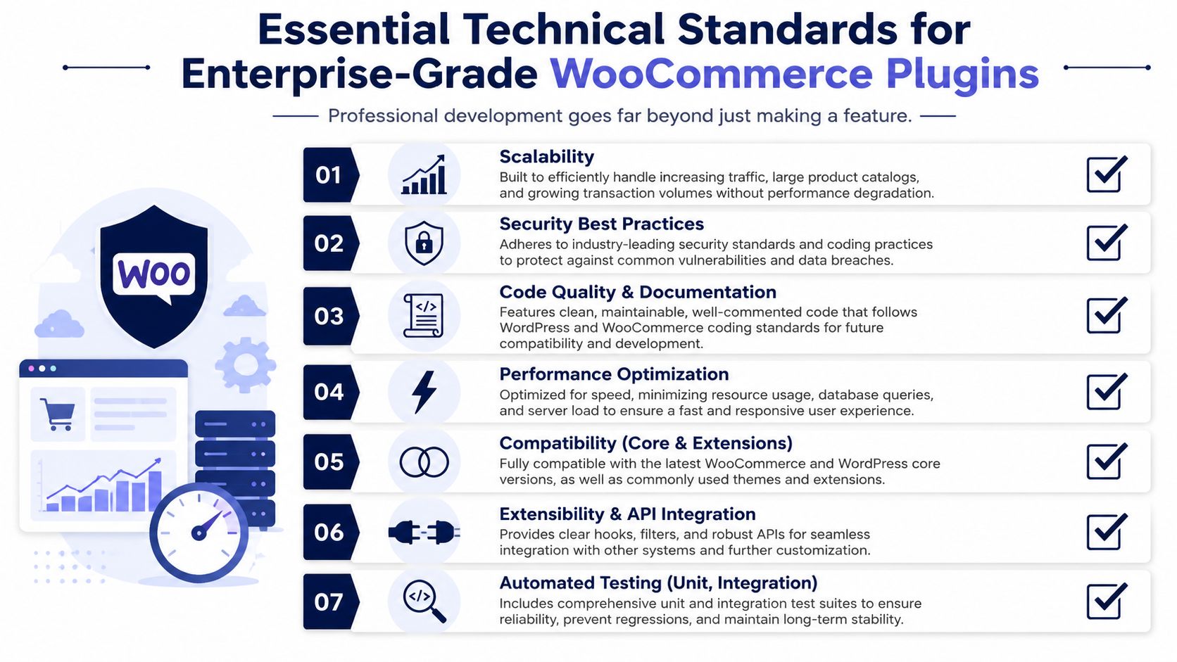 A professional infographic outlining seven essential technical standards for developing high-quality, enterprise-grade WooCommerce plugins for businesses.