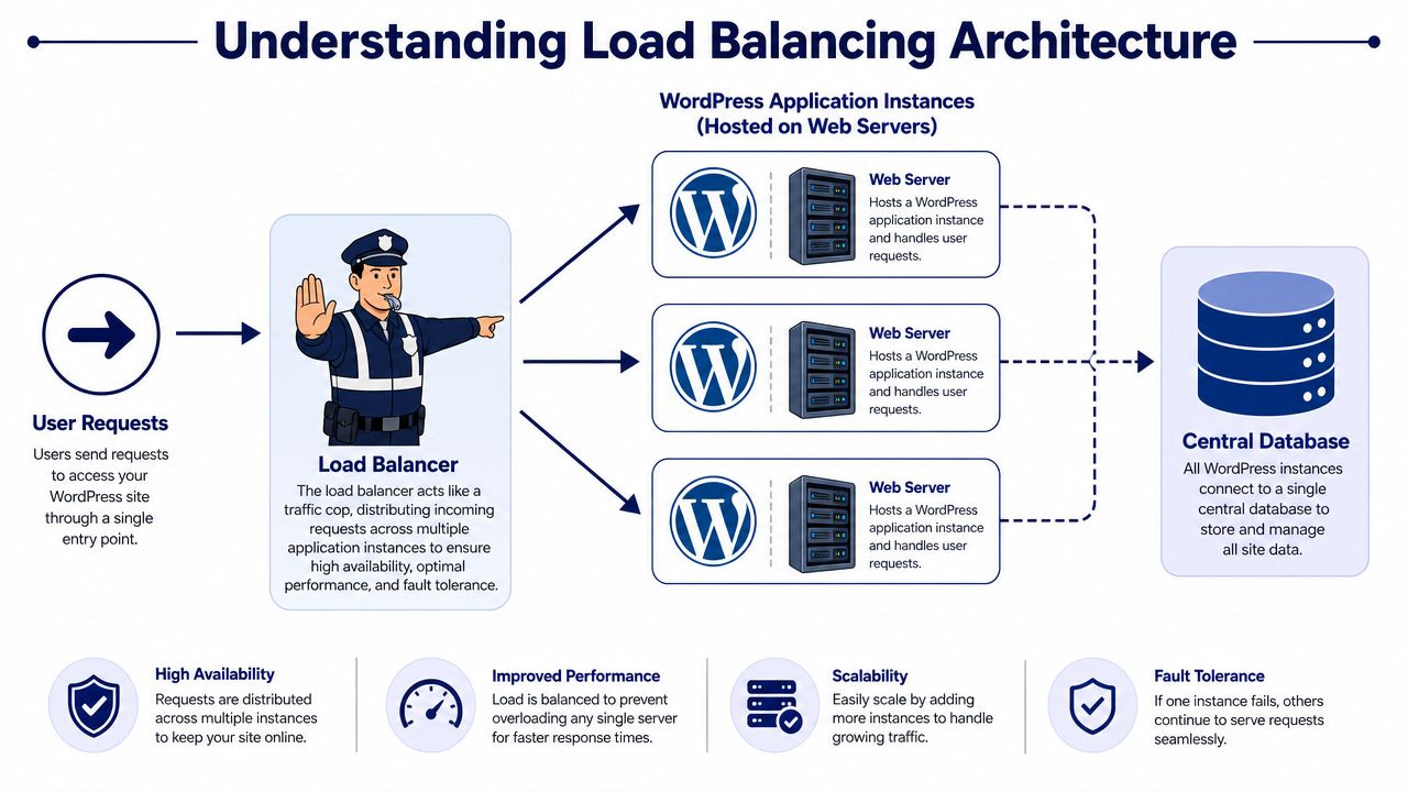 A diagram illustrating WordPress load balancing architecture showing traffic distribution across multiple web server application instances.