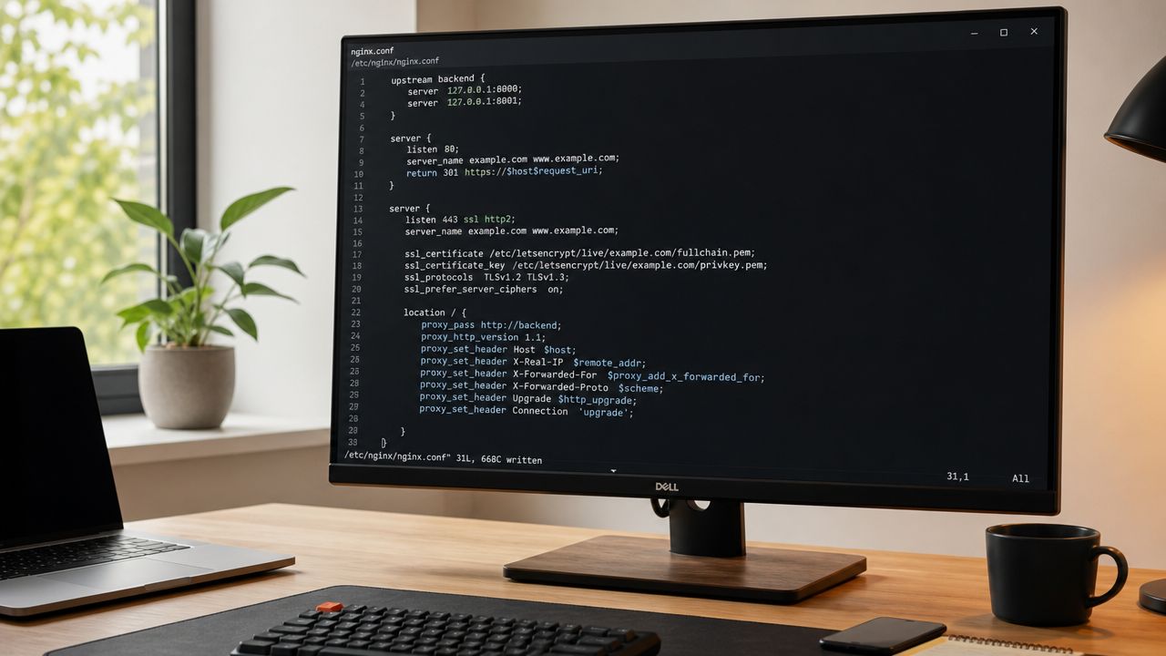 A desktop workspace featuring a large monitor displaying Nginx configuration code for web server load balancing setup.