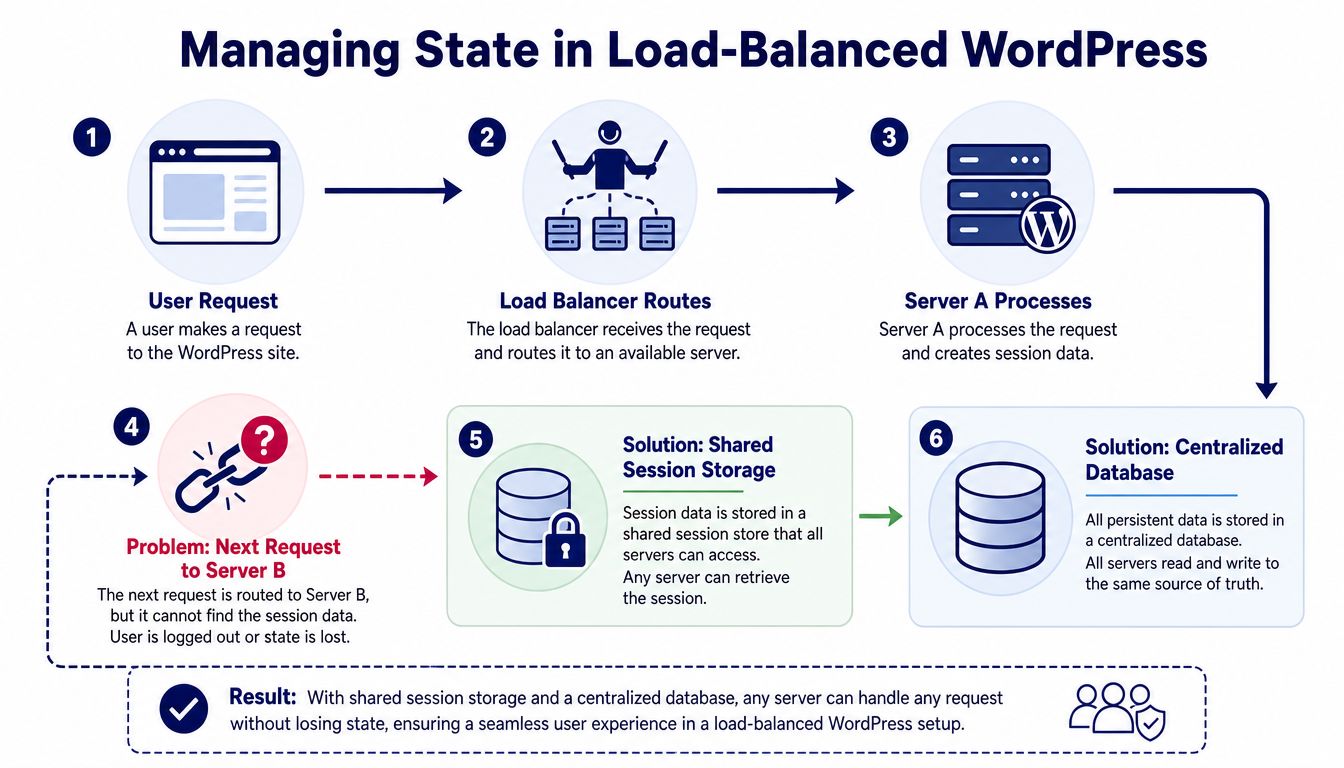 A diagram illustrating how shared session storage and a centralized database maintain state in load-balanced WordPress environments.
