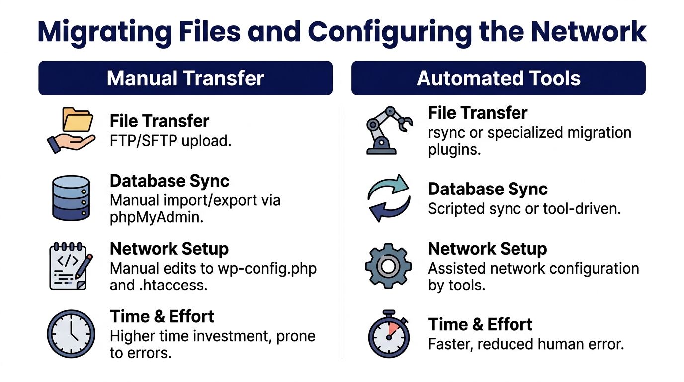 A comparison chart showing steps for migrating WordPress files using manual transfer versus automated tools.