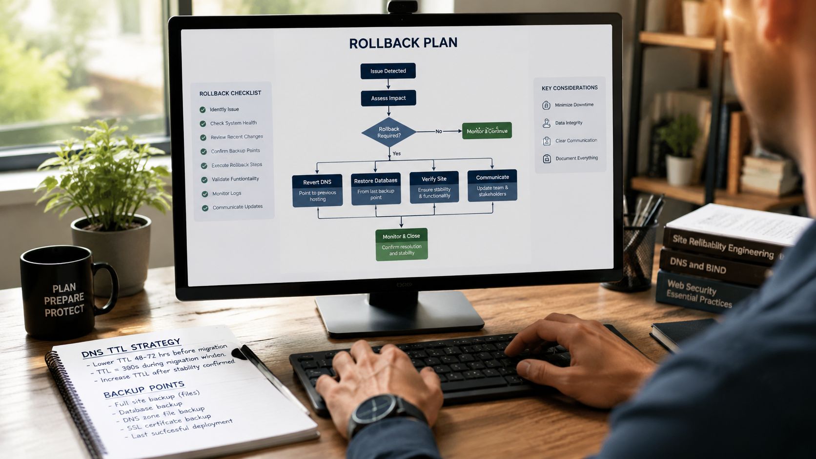 A professional working on a computer displaying a technical flowchart for a website rollback and migration strategy.