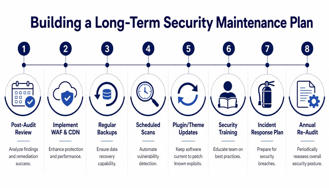 An infographic showing eight steps for a long-term website security maintenance plan using a numbered timeline.