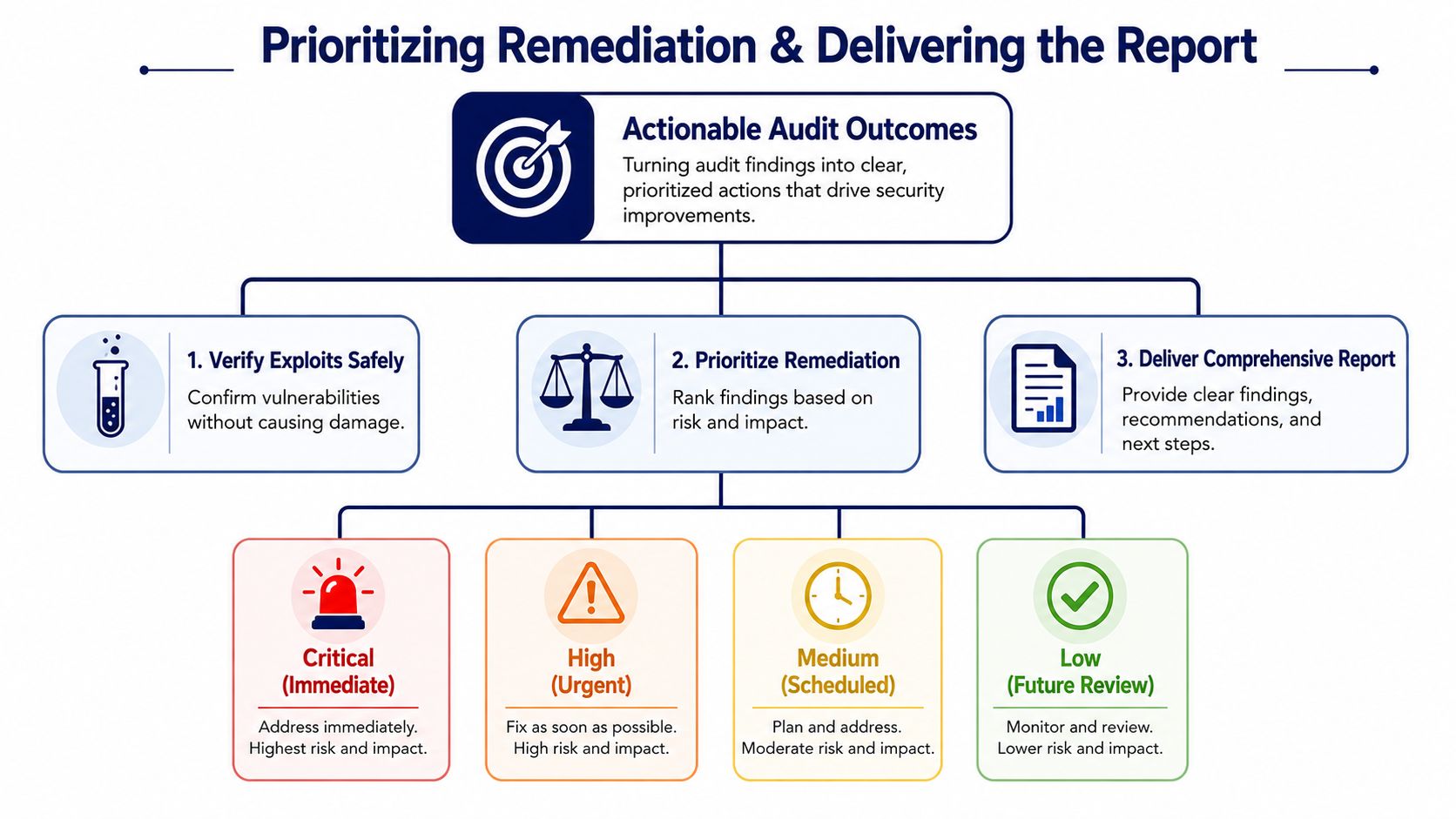 A diagram illustrating the process of prioritizing remediation and delivering a cybersecurity audit report for organizations.